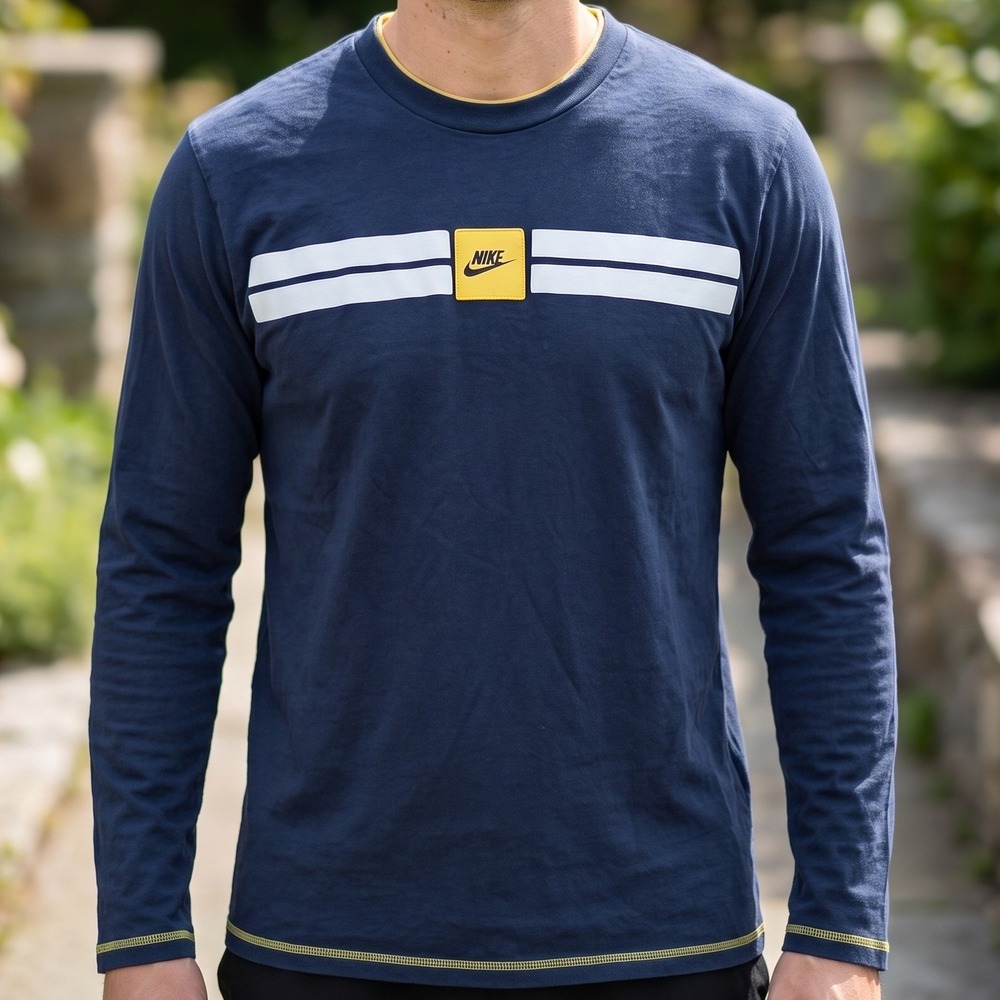 Nike Mens Navy Blue Long Sleeve Graphic Tee White Yellow Racing Stripes 6446